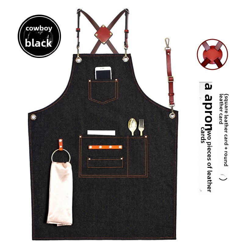 Thick Canvas Apron Custom Logo Coffee Brown for CafesNew leather belt denim black rings New leather belt denim black rings