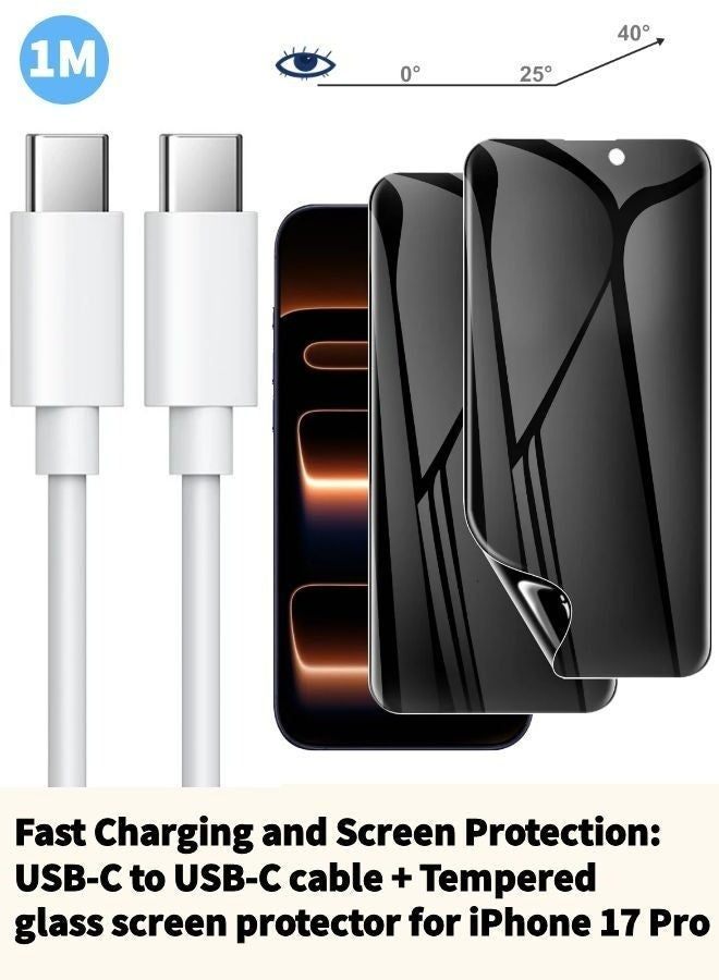 2-in-1 Bundle for iPhone 17 Pro, 1M USB-C to USB-C Fast Charging Cable + 9H Hardness HD Tempered Glass Screen Protector, Full Coverage, Face ID Compatible, 2 Pack Value Set - Image 1