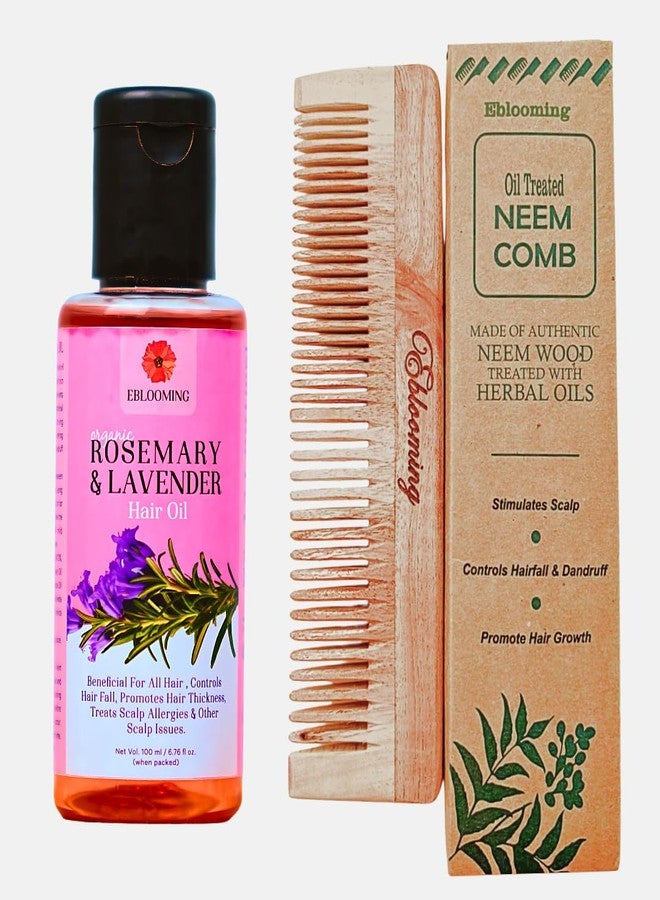 Eblooming Rosemary Lavender Hair Oil Care Combo (100 ml) with Premium Neem Wooden Comb- Dual Tooth | Promotes Healthy Hair, Scalp, and Roots with Pure & Natural Cold-Pressed Oil - Image 1