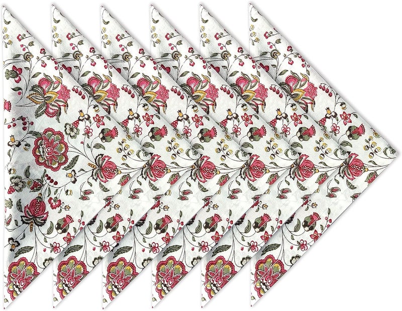 AVKA Studio Soft Cotton Napkins 18x18 inches  Washable Thin Cloth Printed Napkins Set of 6  Everyday Use or Dinner Party and Events  Red and White Floral Lightweight Indian Block Print Soft Fabric by Craftbot - Image 1