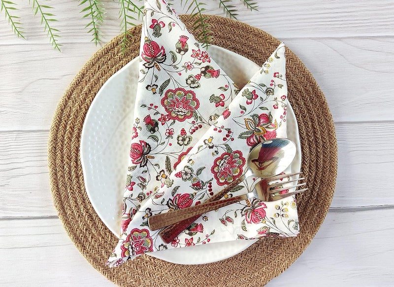AVKA Studio Soft Cotton Napkins 18x18 inches  Washable Thin Cloth Printed Napkins Set of 6  Everyday Use or Dinner Party and Events  Red and White Floral Lightweight Indian Block Print Soft Fabric by Craftbot - Image 2