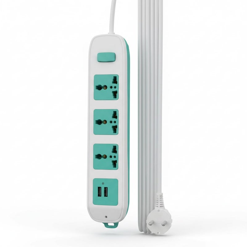 كراش مشترك كهرباء 3 منافذ مع 2 منفذ USB شحن سريع، تصميم عصري باللون الأبيض والأزرق، مثالي للمنزل والمكتب لتنظيم الأجهزة الإلكترونية بكفاءة عالية وأمان موثوق، طول السلك 1.5 متر - Image 3