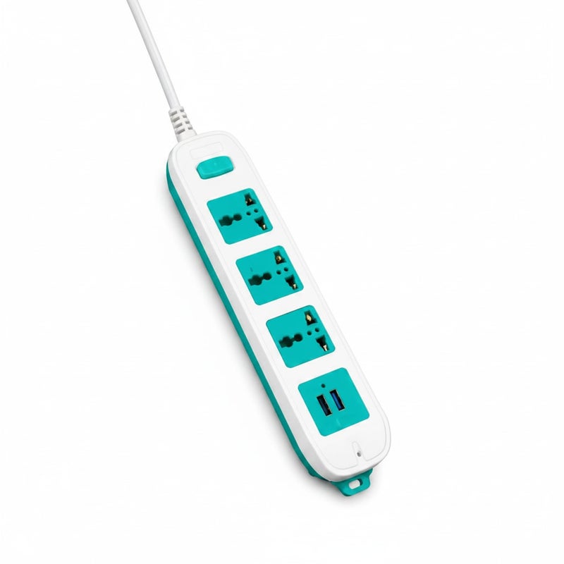 كراش مشترك كهرباء 3 منافذ مع 2 منفذ USB شحن سريع، تصميم عصري باللون الأبيض والأزرق، مثالي للمنزل والمكتب لتنظيم الأجهزة الإلكترونية بكفاءة عالية وأمان موثوق، طول السلك 1.5 متر - Image 2