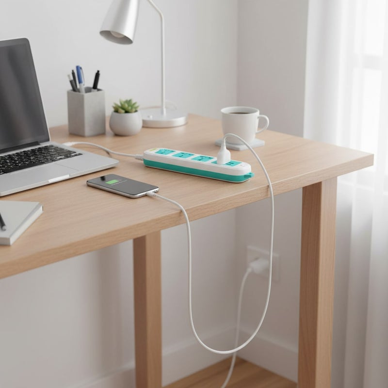 كراش مشترك كهرباء 3 منافذ مع 2 منفذ USB شحن سريع، تصميم عصري باللون الأبيض والأزرق، مثالي للمنزل والمكتب لتنظيم الأجهزة الإلكترونية بكفاءة عالية وأمان موثوق، طول السلك 1.5 متر - Image 4