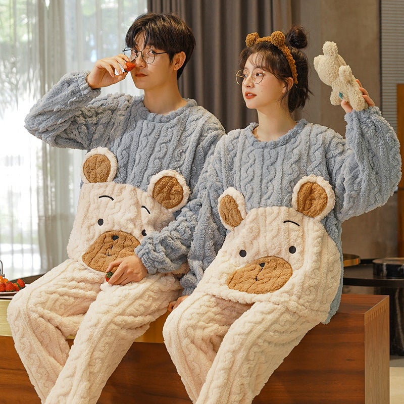 Couple Pajamas Winter Women'S Coral Fleece Cute Cartoon Fleece-Lined Thickened Autumn Men'S Flannel Home Clothes Suit - Image 4