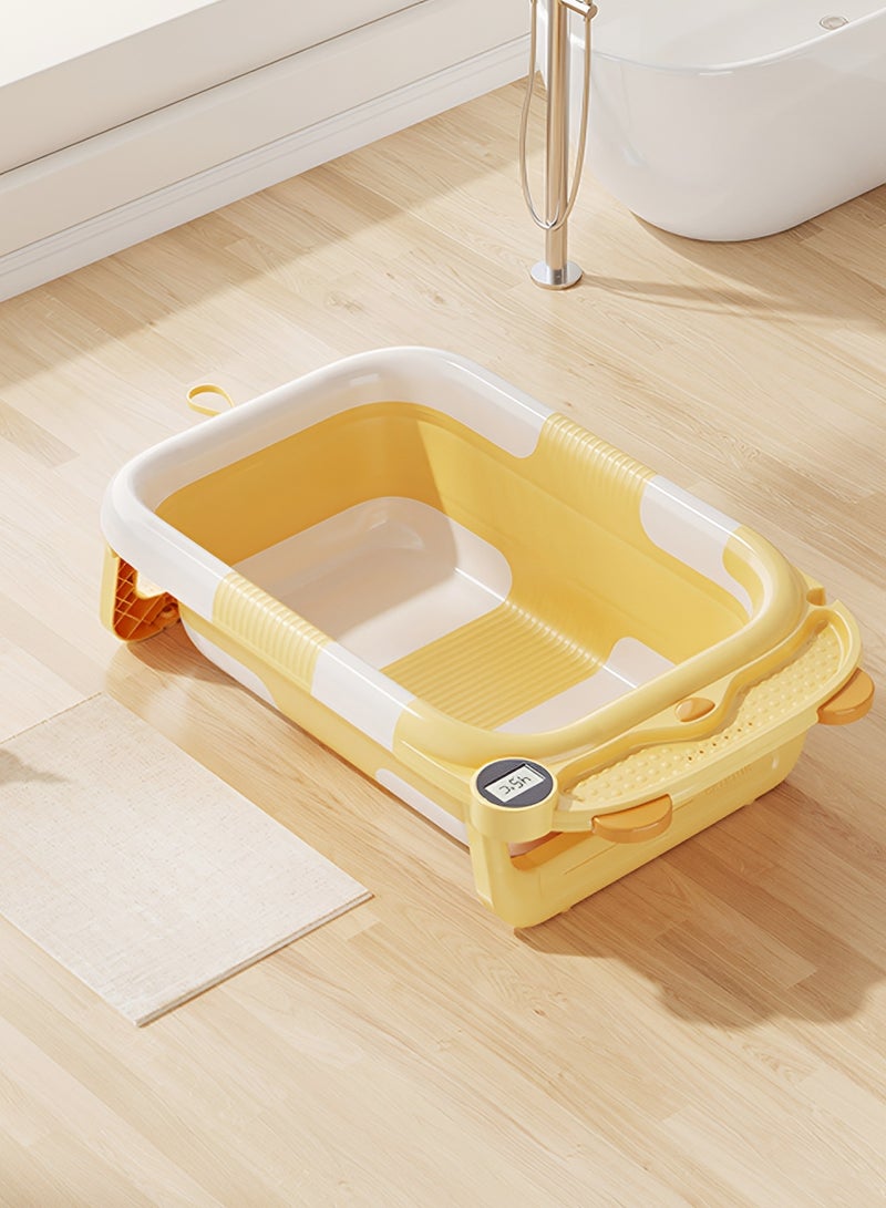 تايمي حوض استحمام للأطفال قابل للطي مزود بمقياس حرارة رقمي، حوض استحمام محمول مع أرجل دعم مانعه للأنزلاق مناسب للأطفال حديثي الولادة ​​إلى 3 سنوات - أصفر - Image 1