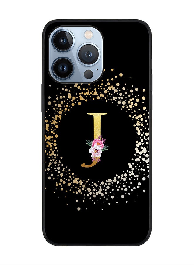 Stylizedd Rugged Black edge case for Apple iPhone 13 Pro, Slim fit Rubber Edges  -  Custom Monogram Initial Letter Floral Pattern Alphabet - J  (Black ) - Image 1