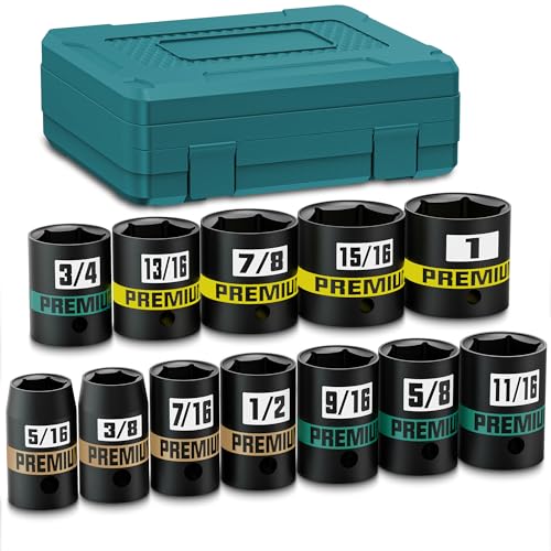 KIRXST 12Piece 38 Drive Shallow Impact Socket Set 516 to 1 inch SemiDeep Sockets CRV Socket Set for Automotive and Home SAE 6 Point - Image 1