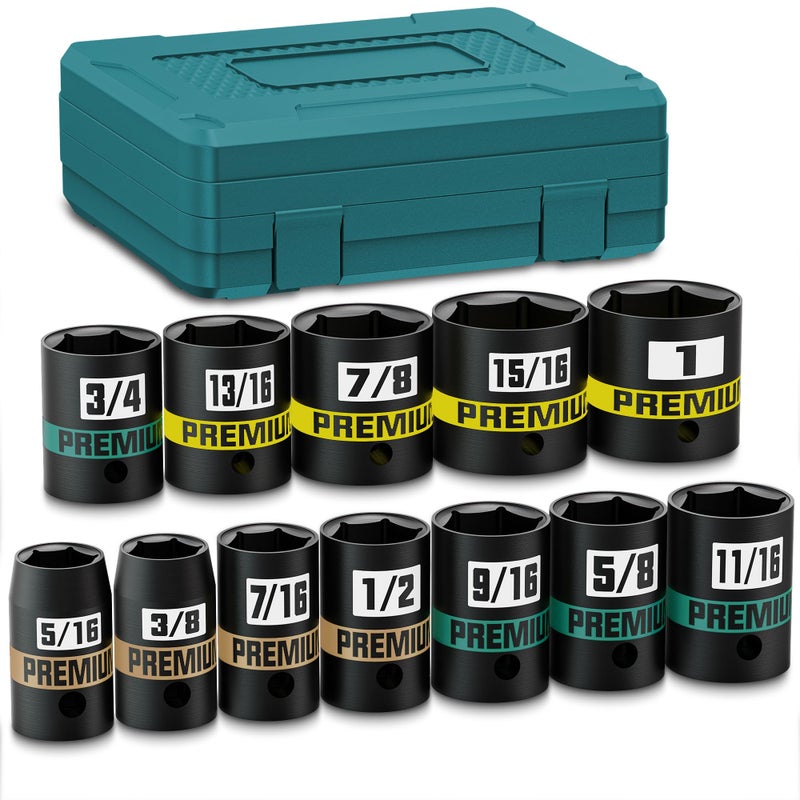 KIRXST 12Piece 38 Drive Shallow Impact Socket Set 516 to 1 inch SemiDeep Sockets CRV Socket Set for Automotive and Home SAE 6 Point - Image 2