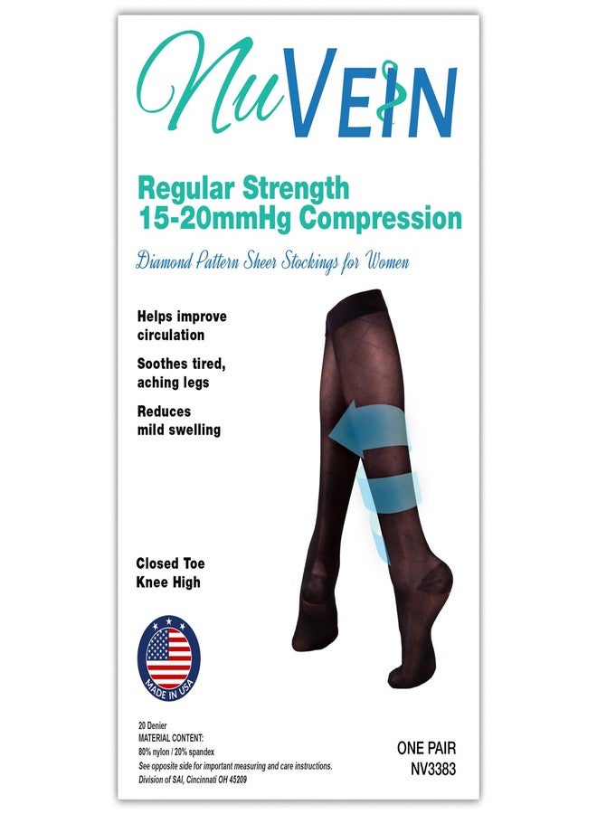 NuVein Sheer Compression Stockings, 15-20 mmHg Support, Women's Diamond Pattern Nylons, Knee High, Closed Toe, Nude, Small - Image 3
