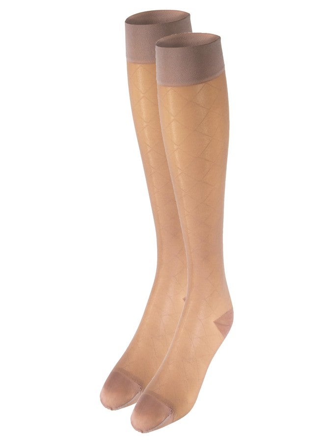NuVein Sheer Compression Stockings, 15-20 mmHg Support, Women's Diamond Pattern Nylons, Knee High, Closed Toe, Nude, Small - Image 1