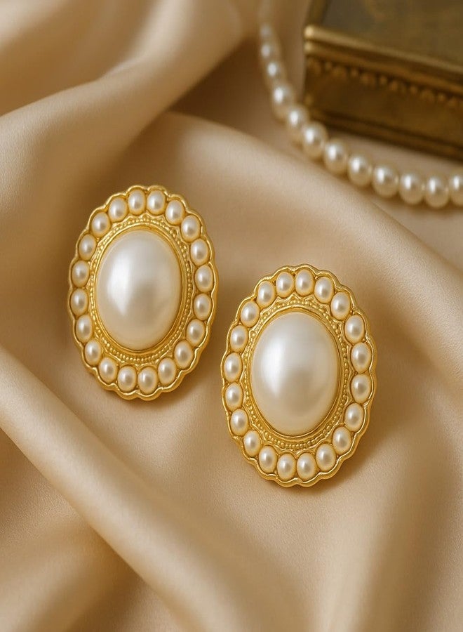 AMAAL Golden Pearl Earrings Set for Women | Elegant Round Stud Ear Rings | Stylish Jewellery for Woman & Girls | Lightweight Gold Plated Pearl Earrings | Fashion Accessories Gift for Her 174 - Image 2