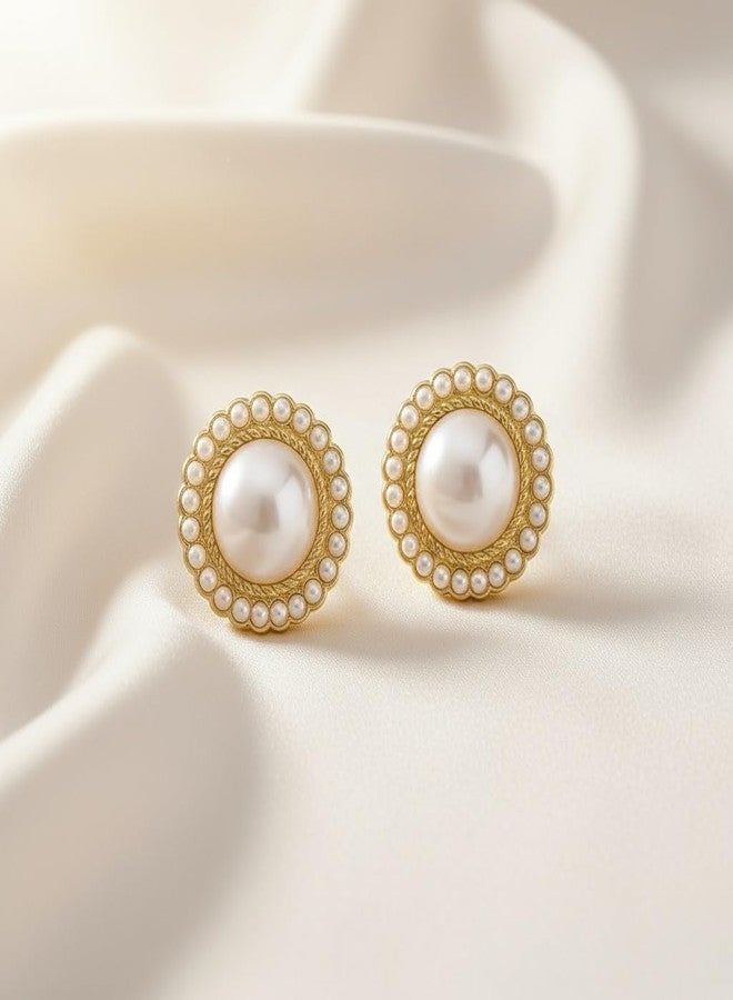 AMAAL Golden Pearl Earrings Set for Women | Elegant Round Stud Ear Rings | Stylish Jewellery for Woman & Girls | Lightweight Gold Plated Pearl Earrings | Fashion Accessories Gift for Her 174 - Image 5