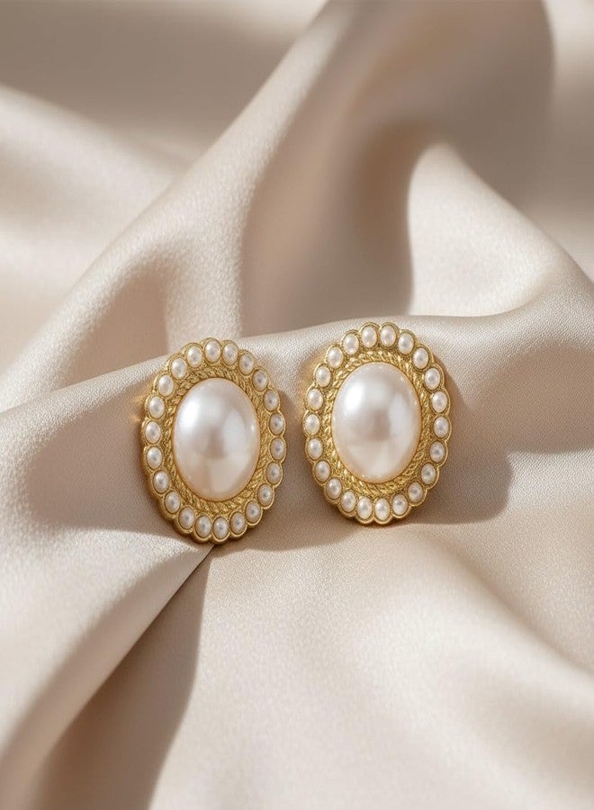 AMAAL Golden Pearl Earrings Set for Women | Elegant Round Stud Ear Rings | Stylish Jewellery for Woman & Girls | Lightweight Gold Plated Pearl Earrings | Fashion Accessories Gift for Her 174 - Image 4