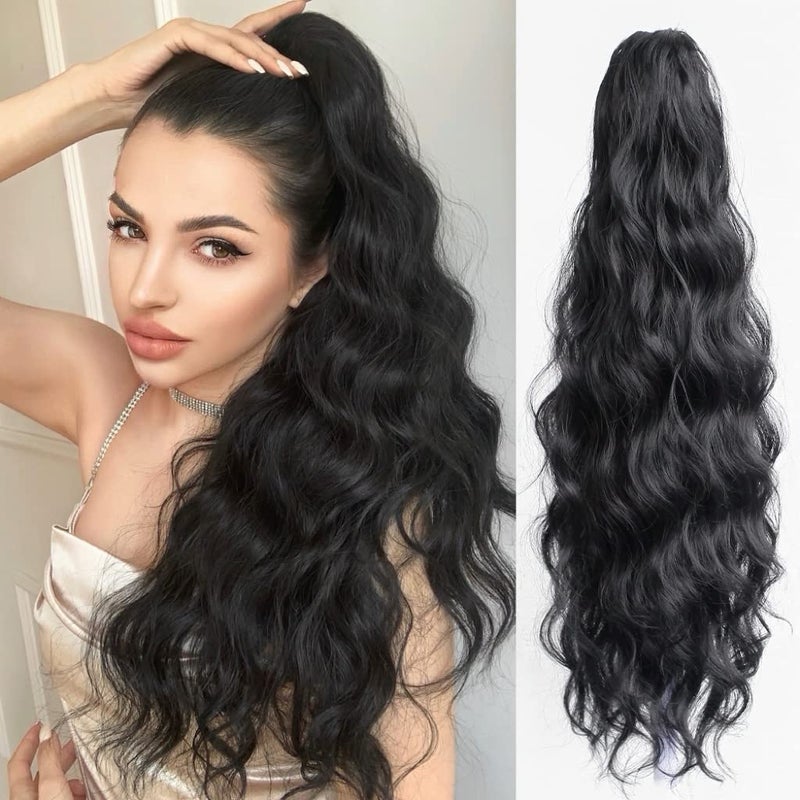 StrRid Pony Tail Extensions Wavy Claw Clip Ponytail Extension 22 Long Natural Fake Ponytails Synthetic Clips in Hair Pieces for Black Women Party Daily Use 6 Oz Dark Black