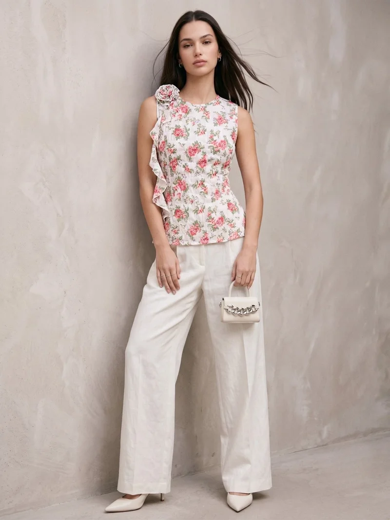 Outzidr  White Elegant Sleeveless Blouse With Ruffle And Corsage Detail for Women | Best Price UAE