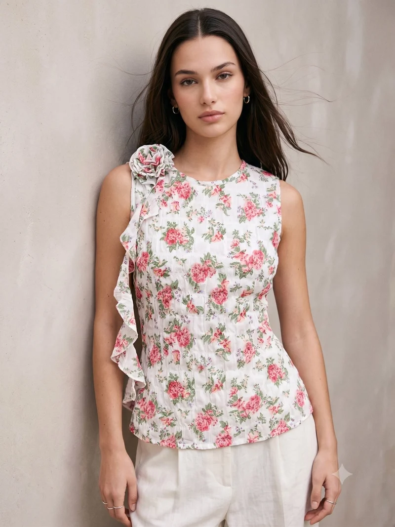 Outzidr  White Elegant Sleeveless Blouse With Ruffle And Corsage Detail for Women | Best Price UAE