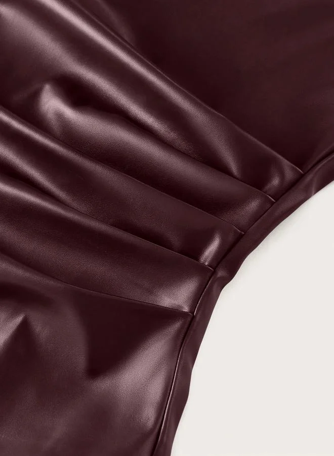 Take Two Burgundy Burgundy Faux Leather Pleated Asymmetric Hem Top for Women | Best Price UAE