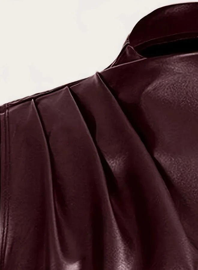 Take Two Burgundy Burgundy Faux Leather Pleated Asymmetric Hem Top for Women | Best Price UAE