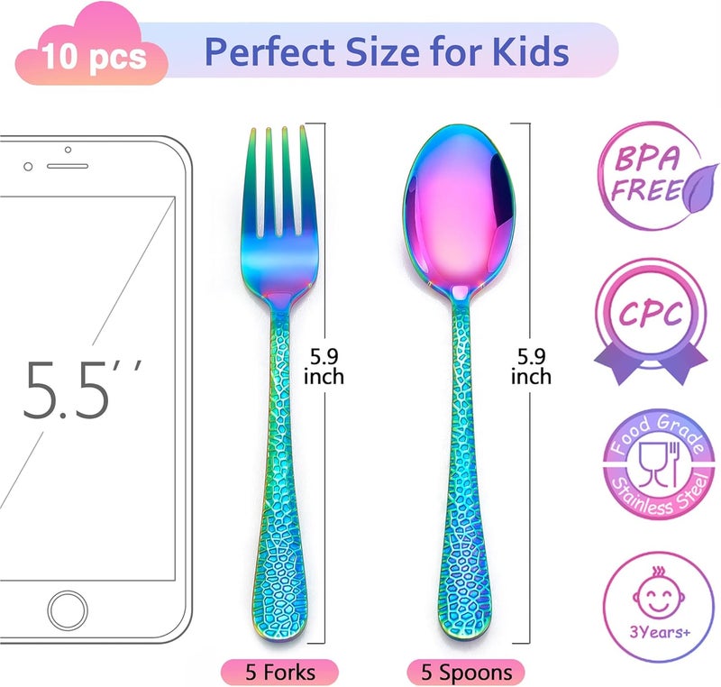 LIANYU 10Piece Kids Silverware Set Rainbow Toddler Utensils Flatware Set Stainless Steel Child Preschooler Cutlery Set Includes 5 Kids Spoons 5 Kids Forks Dishwasher Safe - Image 2