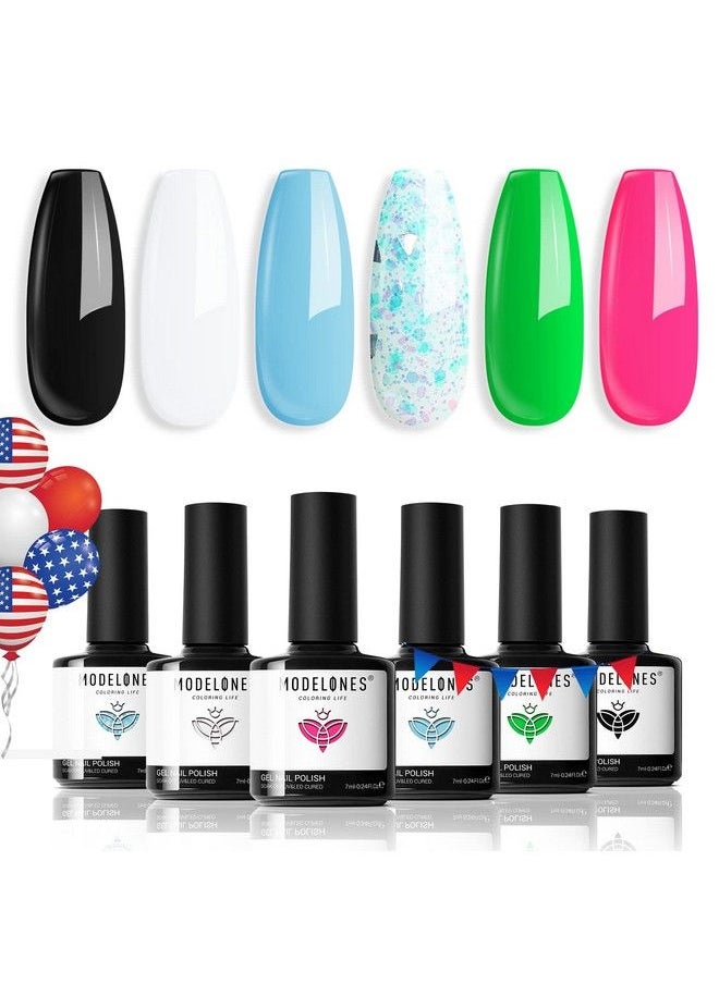 modelones - Gel Nail Polish Set Neon 6 Colors Summer Gel Polish Hot Pink Blue Nail Polish Gel Bright Neon Green White Glitter Gel Polish Set Soak Off Led 4Th Of July Manicure Gel Diy Home Salon Gifts - Image 1