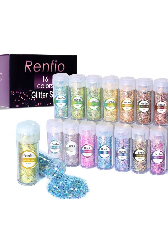 Renfio Opal Chunky Glitter Set - 16 Dreamy Amber Colors, 10g Each - Holographic Fine Glitter Mix, Iridescent Flakes for Snow Globe, Tumbler, Nail Art & DIY Crafts - Image 1