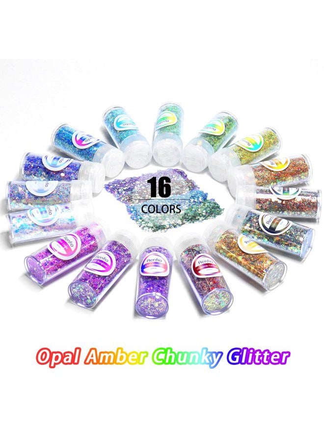 Renfio Opal Chunky Glitter Set - 16 Dreamy Amber Colors, 10g Each - Holographic Fine Glitter Mix, Iridescent Flakes for Snow Globe, Tumbler, Nail Art & DIY Crafts - Image 2