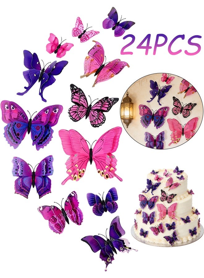 24 قطعة فراشات أرجوانية بأجنحة مزدوجة مغناطيسات ثلاجة ملصقات جدارية قابلة للإزالة للزينة المنزلية المطبخ غرفة الأطفال غرفة النوم الكب كيك مكتب الحفلات الفصول الدراسية زينة النوافذ، مغناطيس أرجواني - Image 1