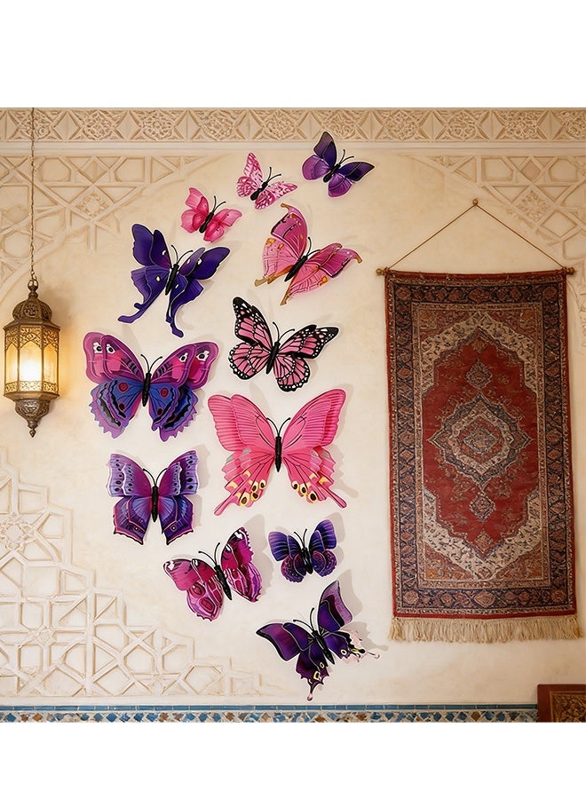 24 قطعة فراشات أرجوانية بأجنحة مزدوجة مغناطيسات ثلاجة ملصقات جدارية قابلة للإزالة للزينة المنزلية المطبخ غرفة الأطفال غرفة النوم الكب كيك مكتب الحفلات الفصول الدراسية زينة النوافذ، مغناطيس أرجواني - Image 2