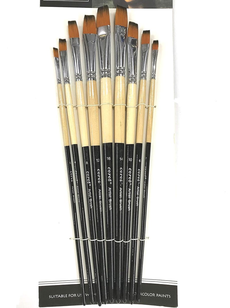 Chrome Artist Quality Long Handle Nylon Hair Flat Paint Brushes -9 Piece Set - Image 1