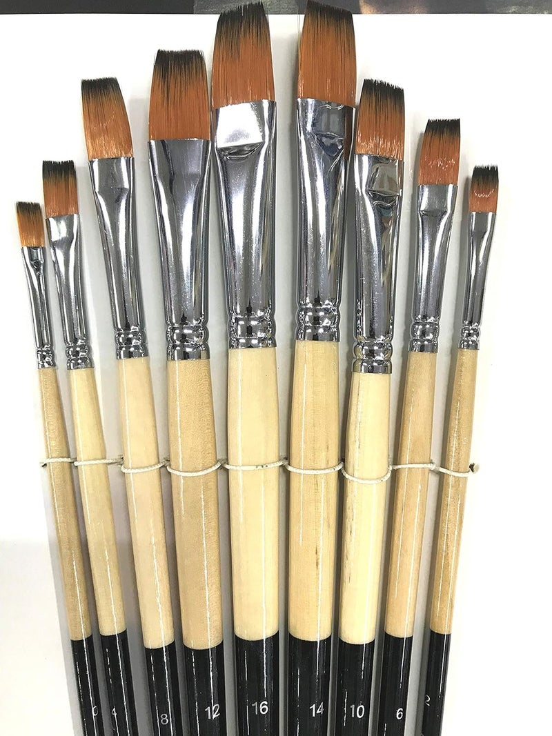 Chrome Artist Quality Long Handle Nylon Hair Flat Paint Brushes -9 Piece Set - Image 2