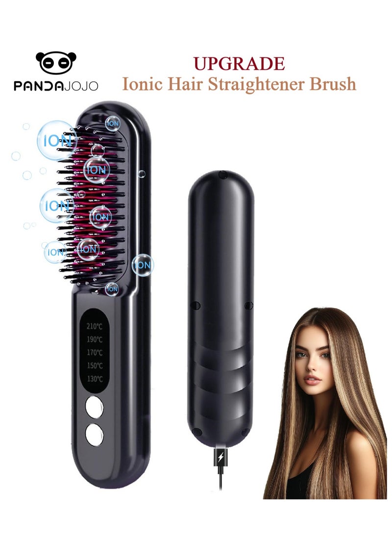PANDA JOJO Mini Wireless Ionic Hair Straightener Brush Hight Temperature Up to 210℃, Portable Fast Heating Ceramic Heater Straightening Comb, Negative Ions Hot Comb Straightener, USB Rechargeable, Can be Used While Charging, Gifts for Women(Black) - Image 1