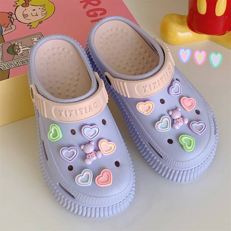 Girl Heart Student Beach Sandals and Slippers Womens Summer High-heeled muffin Thick-soled Dung-feeling Cute Cave Shoes Cross-border Special 2913-taro purple powder-love bubble bear