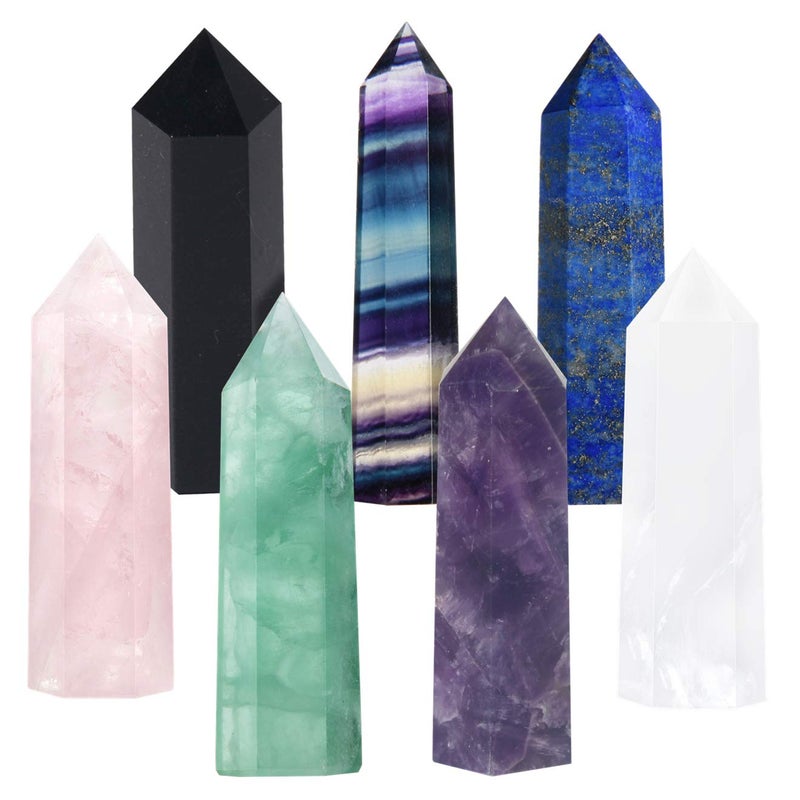 Luckeeper Luckeeper 7 PCS Healing Crystal Wands  2 Amethyst Rose QuartzClear QuartzBlack ObsidianGreen Fluorite Lapis LazuliRainbow Fluorite 6 Faceted Reiki Chakra Meditation Therapy 