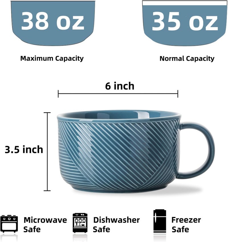 Adewnest Ceramic Soup Bowl with Handle 38 oz Microwave Safe Extra Large Mug for Oatmeal Cereal Breakfast Meal Prep Work Lunch Dorm Living Single Serve Dinner  6 Inch Sky Blue - Image 2