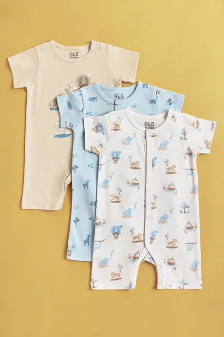 أر أند بي 3 Pack Printed Rompers with Short Sleeves