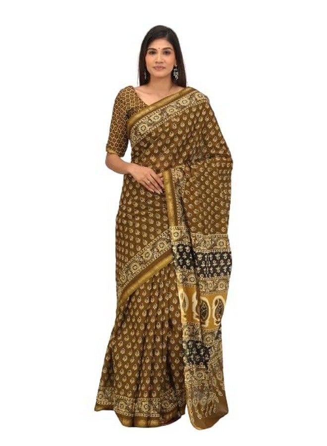 Kiaaron Handicrafts Women's Ikat Hand Block Print Jaipuri Cotton Mulmul Saree Zari Border with Blouse Piece Mustard - Image 1
