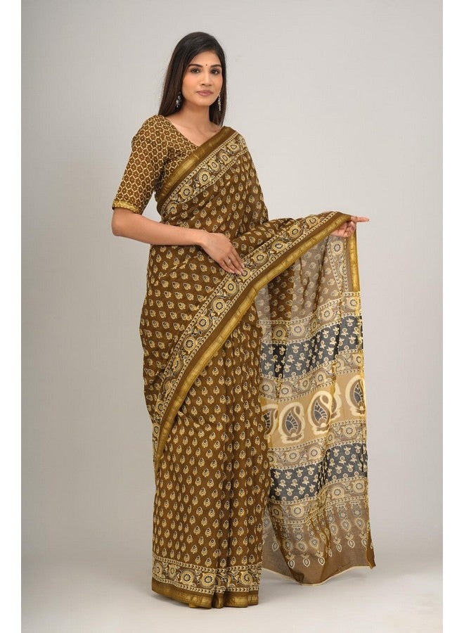 Kiaaron Handicrafts Women's Ikat Hand Block Print Jaipuri Cotton Mulmul Saree Zari Border with Blouse Piece Mustard - Image 3
