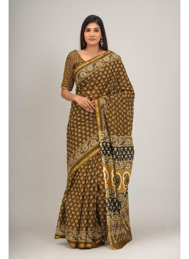Kiaaron Handicrafts Women's Ikat Hand Block Print Jaipuri Cotton Mulmul Saree Zari Border with Blouse Piece Mustard - Image 2