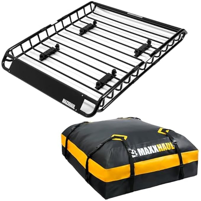 rayihni MaxxHaul 51084 46" x 36" x 4.5" Roof Rack Cargo Carrier Steel Basket, Car Top Luggage Holder for SUV and Pick Up Trucks - 150 lb. Capacity, with 15 Cu.Ft. Water Resistant Roof Bag 44" x 34" x 17" - Image 2