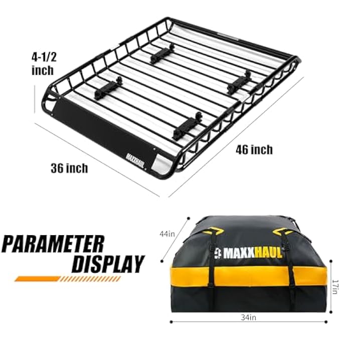 rayihni MaxxHaul 51084 46" x 36" x 4.5" Roof Rack Cargo Carrier Steel Basket, Car Top Luggage Holder for SUV and Pick Up Trucks - 150 lb. Capacity, with 15 Cu.Ft. Water Resistant Roof Bag 44" x 34" x 17" - Image 3