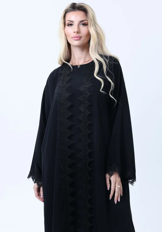 MSquare Fashion 3-Piece Black  Abaya Set with Intricate Lace Detailing & Matching Headscarf