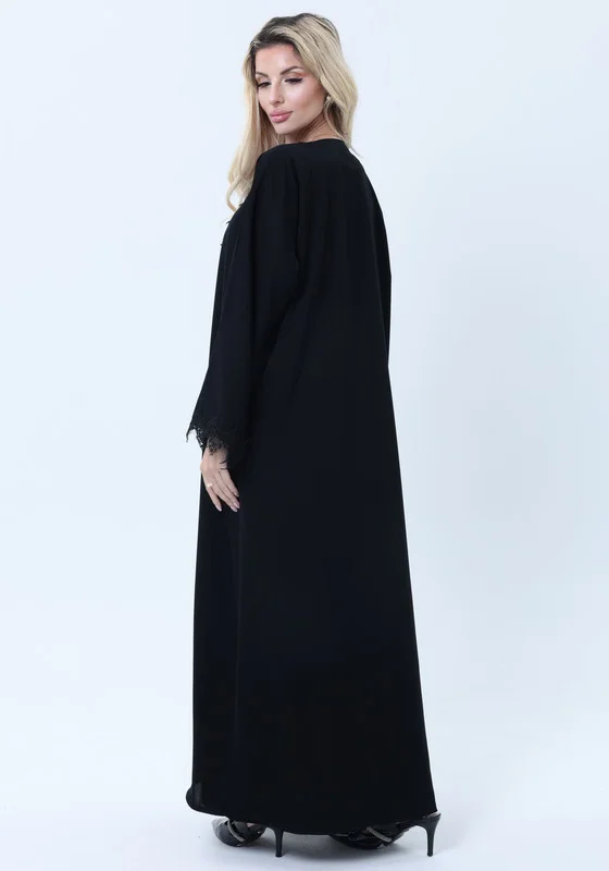 MSquare Fashion 3-Piece Black  Abaya Set with Intricate Lace Detailing & Matching Headscarf
