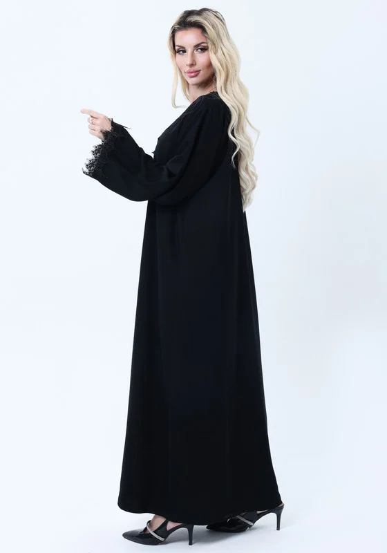 MSquare Fashion 3-Piece Black  Abaya Set with Intricate Lace Detailing & Matching Headscarf