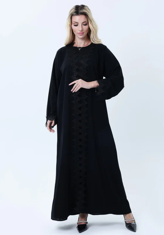 MSquare Fashion 3-Piece Black  Abaya Set with Intricate Lace Detailing & Matching Headscarf