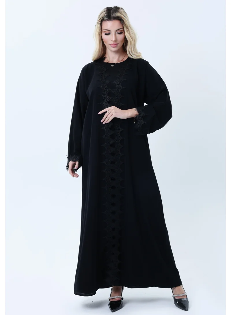 3-Piece Black  Abaya Set with Intricate Lace Detailing & Matching Headscarf