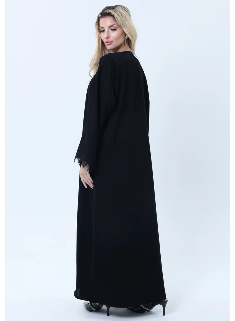 MSquare Fashion  3-Piece Black  Abaya Set with Intricate Lace Detailing & Matching Headscarf for Women | Best Price UAE