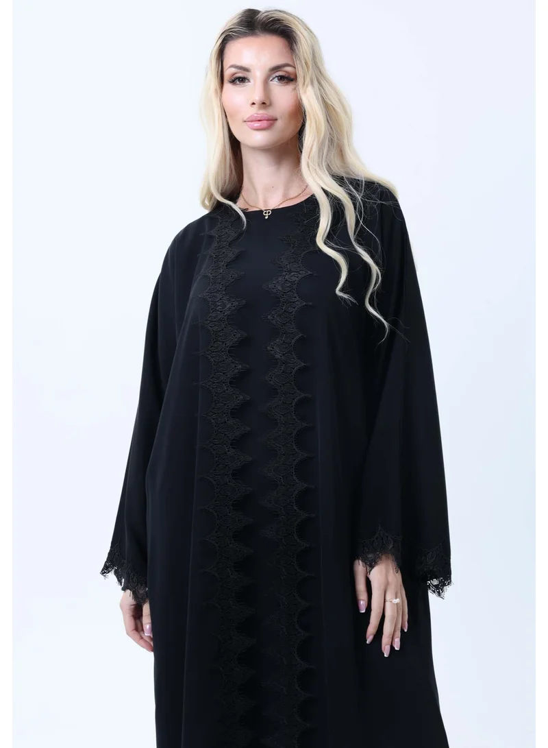 MSquare Fashion  3-Piece Black  Abaya Set with Intricate Lace Detailing & Matching Headscarf for Women | Best Price UAE