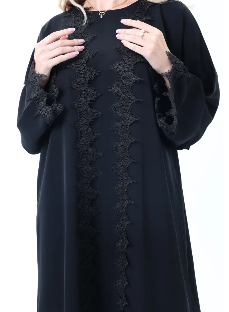 MSquare Fashion  3-Piece Black  Abaya Set with Intricate Lace Detailing & Matching Headscarf for Women | Best Price UAE