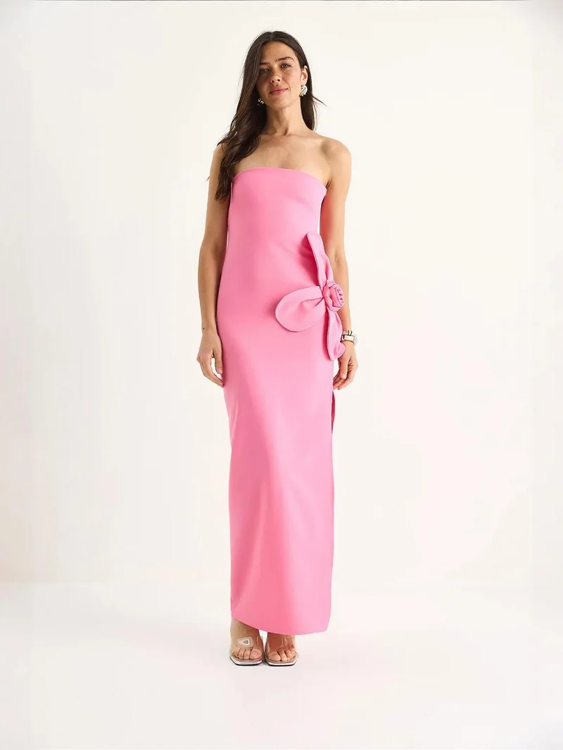 Bianco Lucci LUCCI Strapless Floral Maxi Dress with Bow Detail